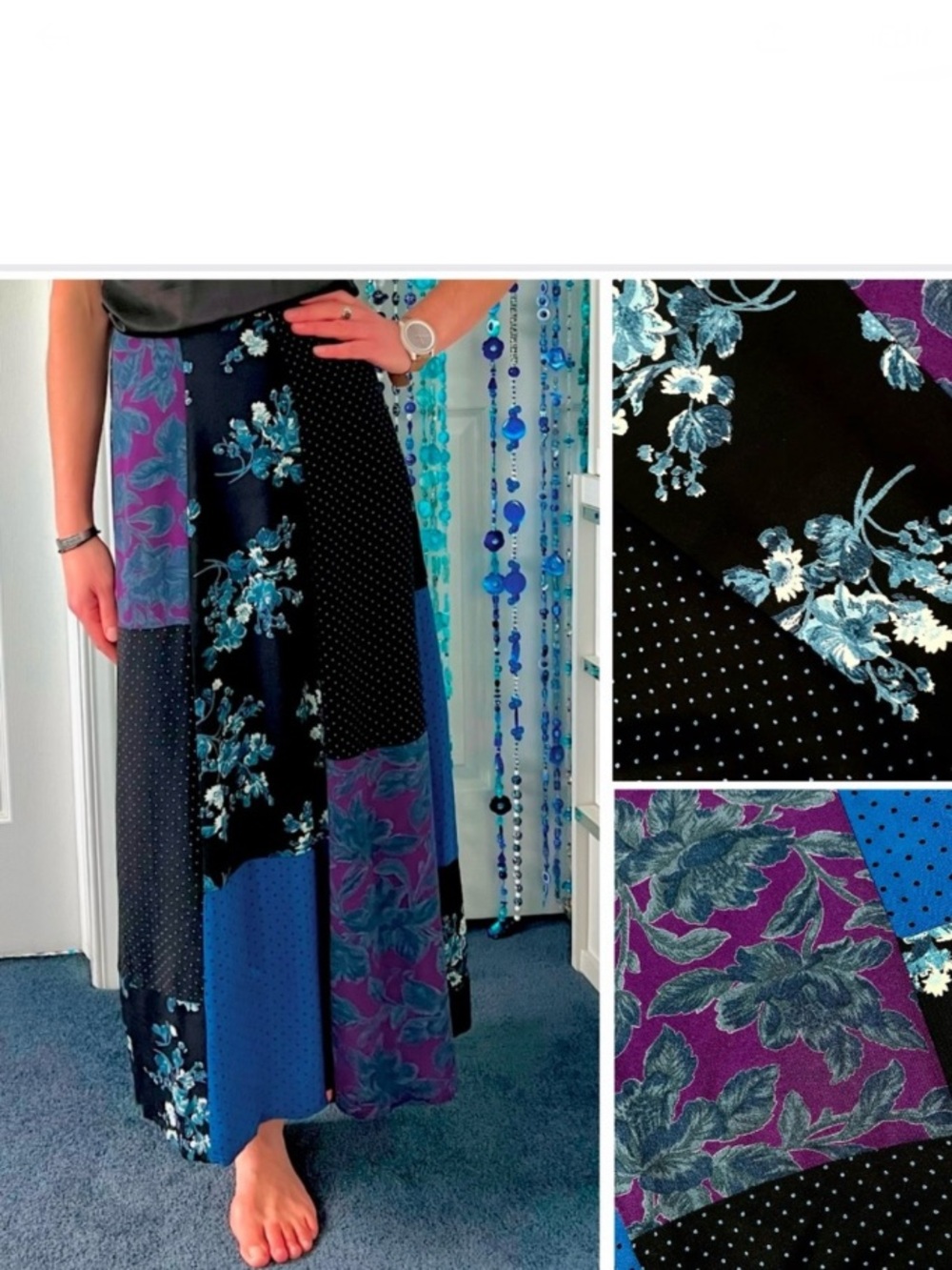 Boho 90s Vintage True Patchwork Floral & Polka Dot Maxi Skirt, dominant blue